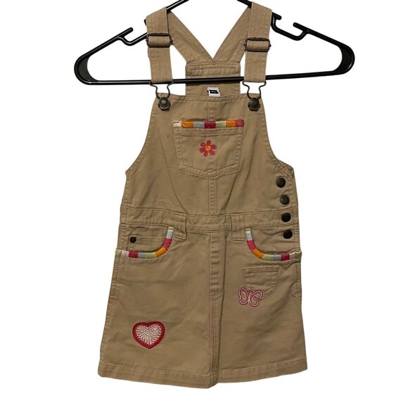 Toddler Baby Gap Khaki Embroidered Overall Dress W/ Heart & Butterfly Details #F - Picture 1 of 5